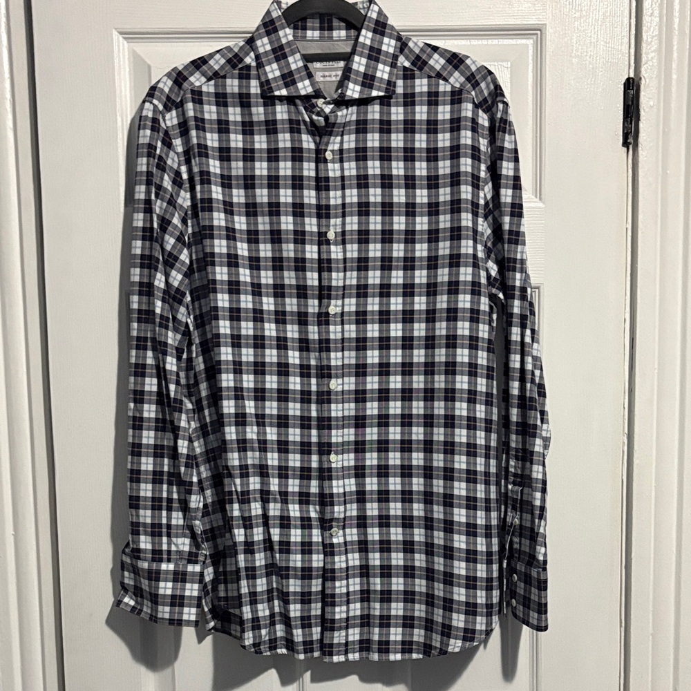 Brunello Cucinelli Navy and White Plaid Shirt